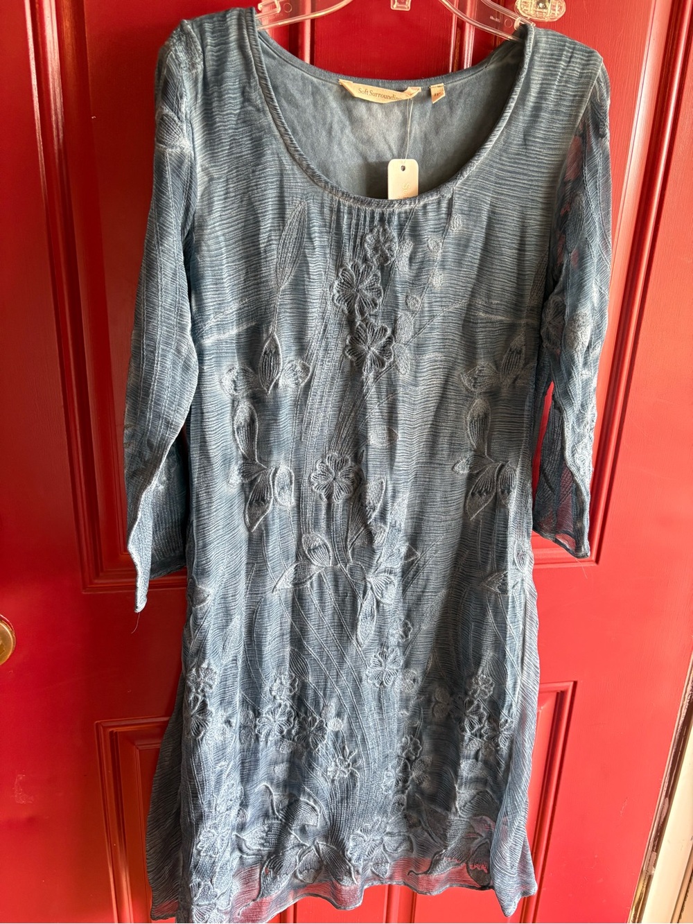 Soft Surroundings Indigo Blue Embroidered Long-Sleeve Dress